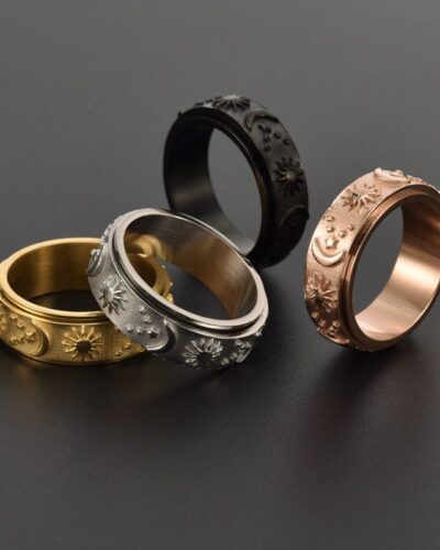 Womens Stainless Steel Ring with Moon and Star Engraved