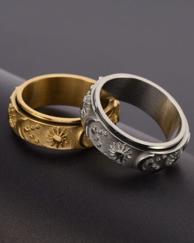 Womens Stainless Steel Ring with Moon and Star Engraved