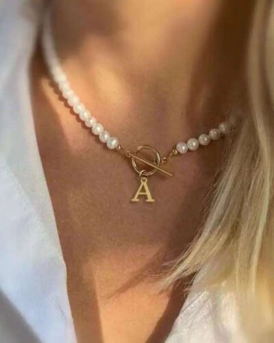 26 Letters Stainless Steel Pearl Beads Necklace with OT Buckle