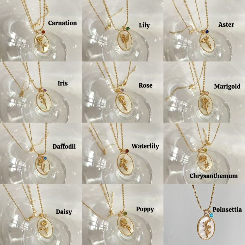 Vintage Oval Mother of Pearl Birth Month Flower Necklace