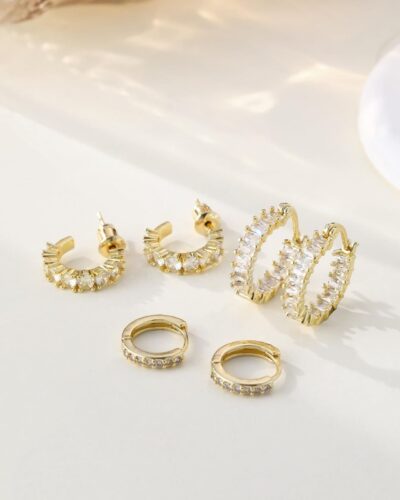 3 Pairs 14K Gold Plated Huggie Earrings Hoops Set