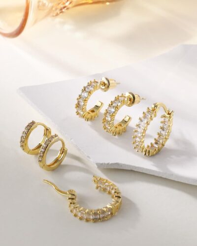 3Pcs 14K Gold Plated Huggie Earrings Hoops Set