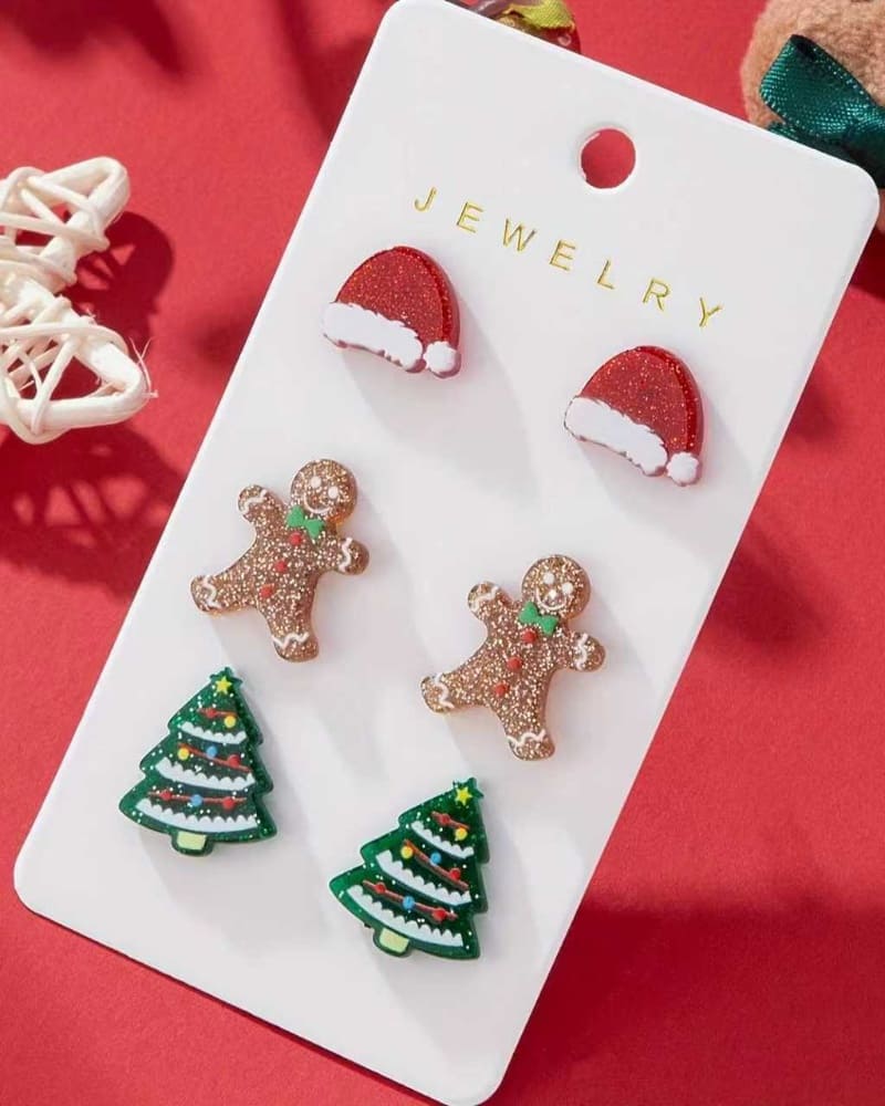 3 Pairs Acrylic Christmas Tree Santa Hat Gingerbread Man Earrings
