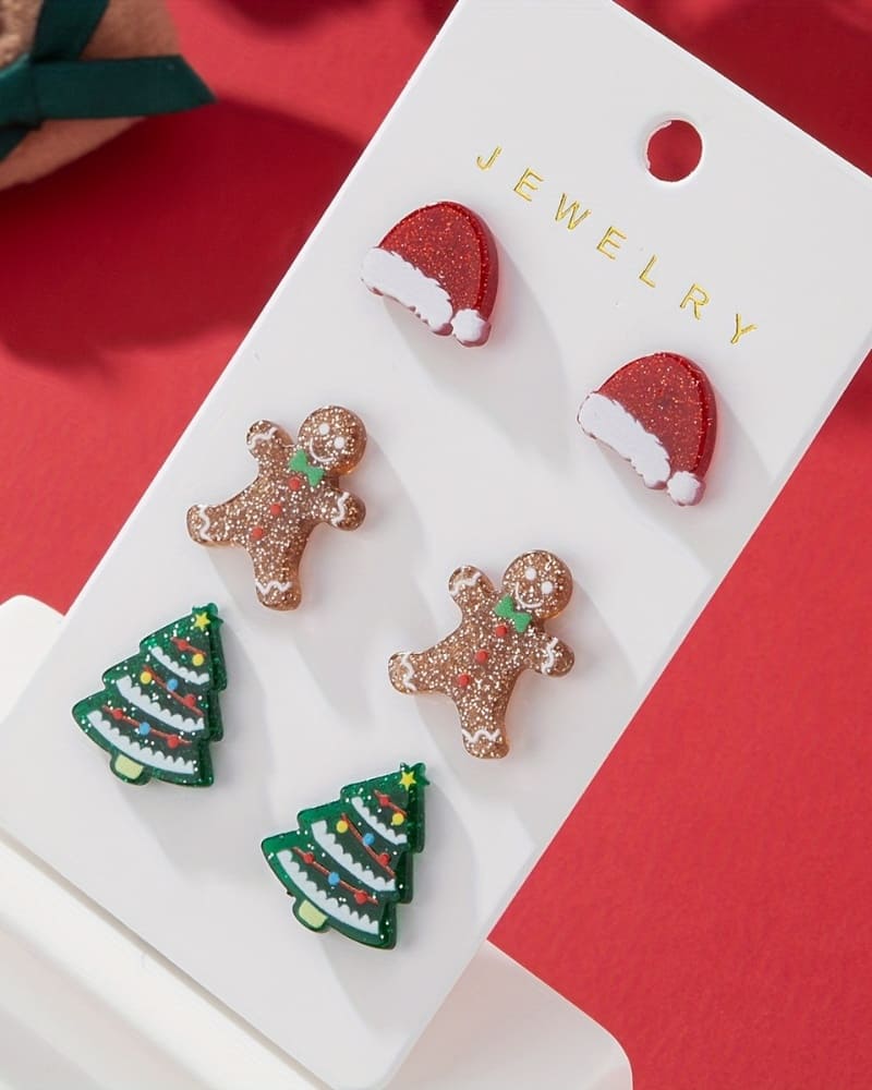 3 Pairs Acrylic Christmas Tree Santa Hat Gingerbread Man Earrings