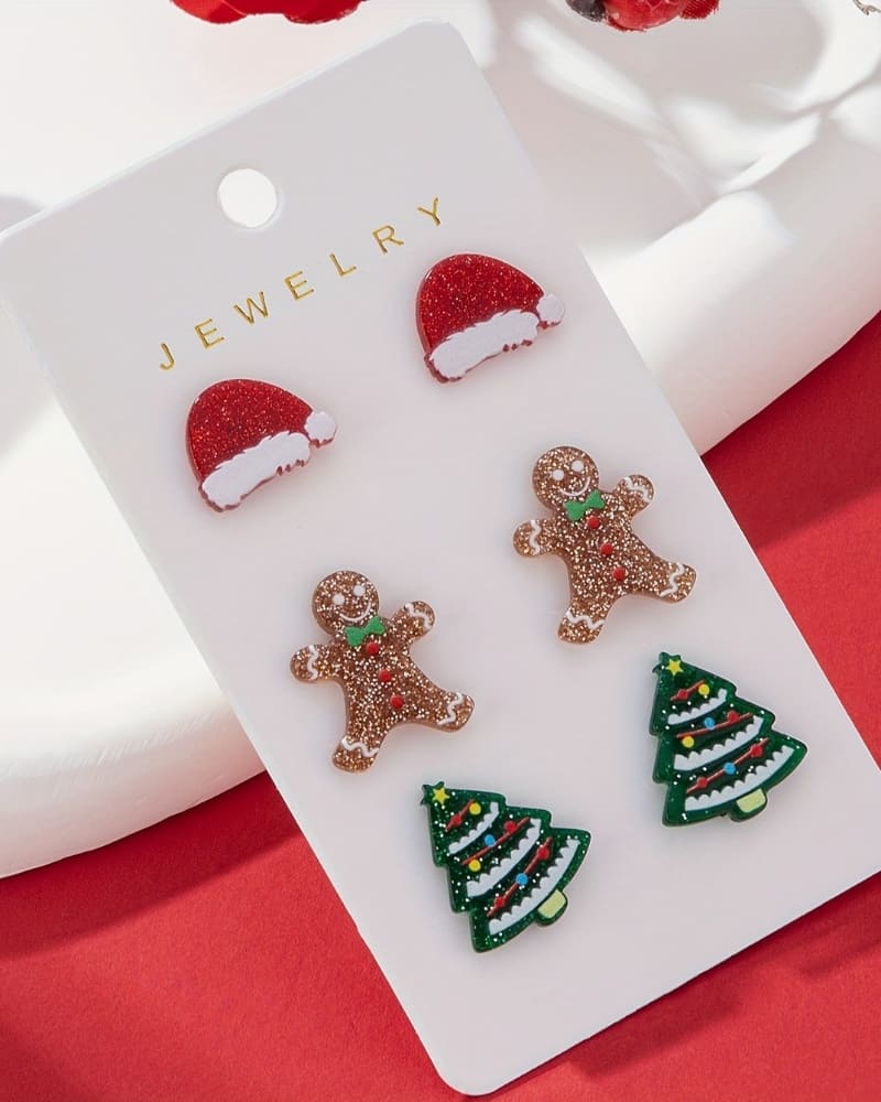 3 Pairs Acrylic Christmas Tree Santa Hat Gingerbread Man Earrings - Image 4