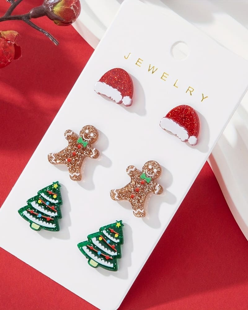 3 Pairs Acrylic Christmas Tree Santa Hat Gingerbread Man Earrings