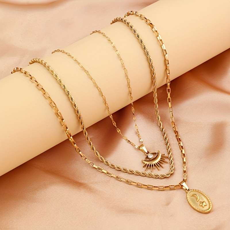 3-Piece Vintage 18k Gold Plated Steel Chain Set - Görüntü 3