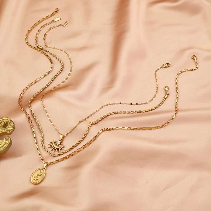 3-Piece Vintage 18k Gold Plated Steel Chain Set - Görüntü 5