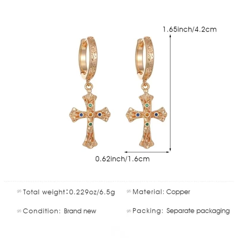 3 Vintage Textured Dangle Gold Cross Earrings for Women