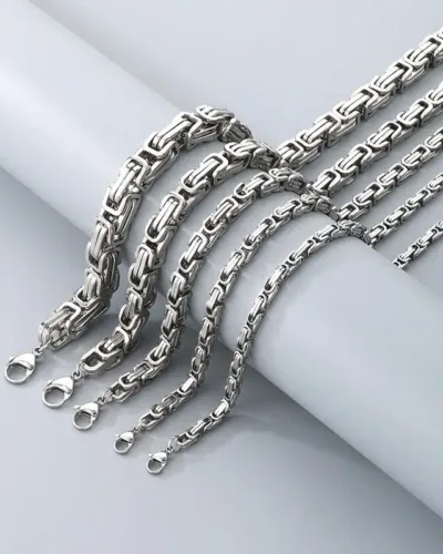 304 Stainless Steel Byzantine Chain Necklace and Bracelet Set for Men 8