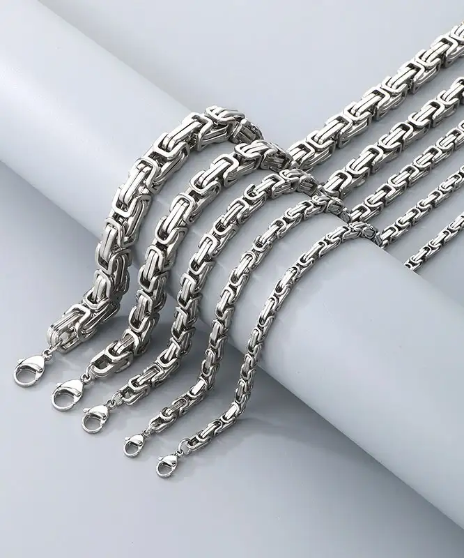 304 Stainless Steel Byzantine Chain Necklace and Bracelet Set - Image 3