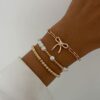 3Pcs Chic Bow Paperclip Chain Pearl Beaded Bracelets Set