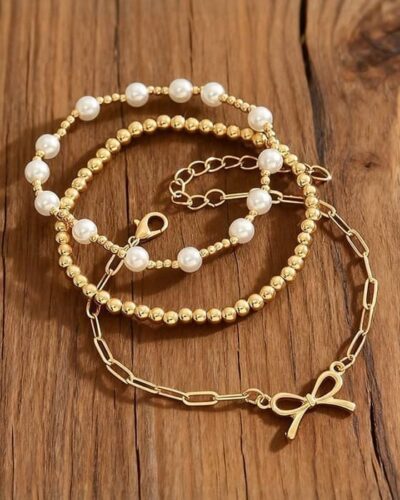 3Pcs Chic Bow Paperclip Chain Pearl Beaded Bracelets Set