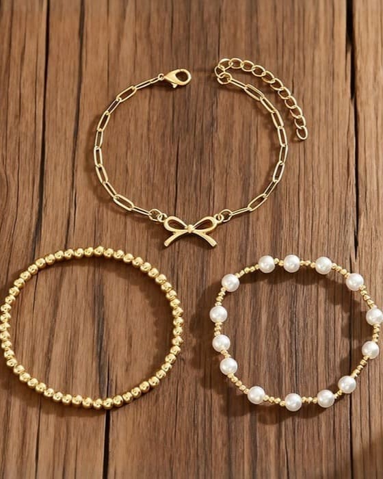 3Pcs Chic Bow Paperclip Chain Pearl Beaded Bracelets Set