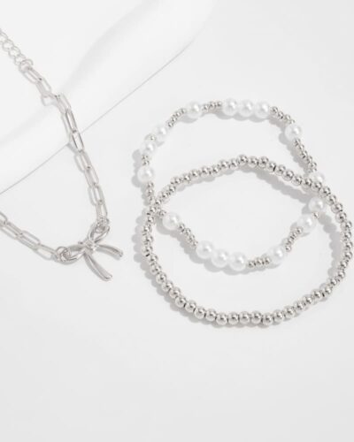 3Pcs Chic Bow Paperclip Chain Pearl Beaded Bracelets Set