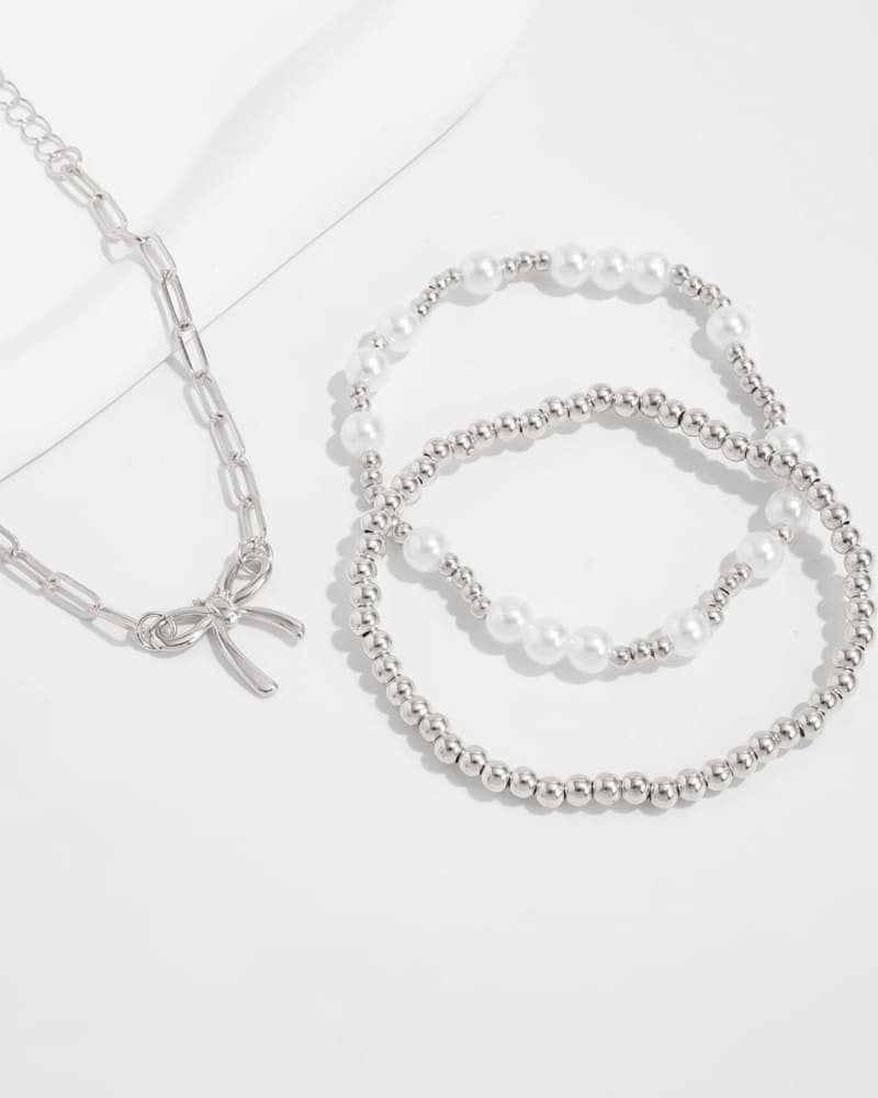3Pcs Chic Bow Paperclip Chain Pearl Beaded Bracelets Set