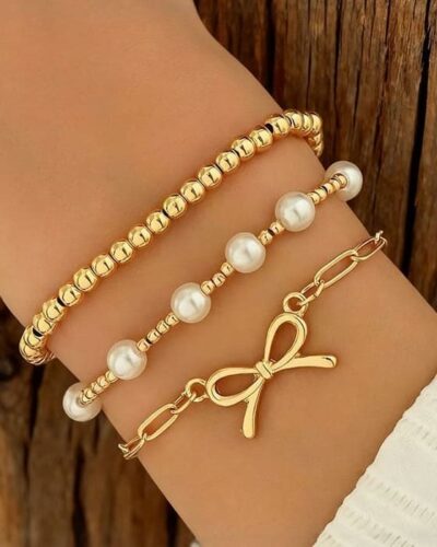 3Pcs Chic Bow Paperclip Chain Pearl Beaded Bracelets Set