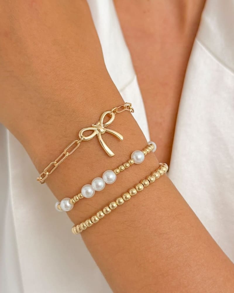 3Pcs Chic Bow Paperclip Chain Pearl Beaded Bracelets Set