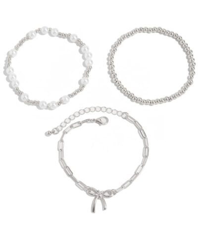 3Pcs Chic Bow Paperclip Chain Pearl Beaded Bracelets Set