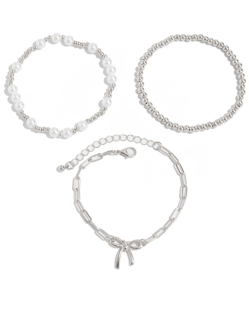 3Pcs Chic Bow Paperclip Chain Pearl Beaded Bracelets Set