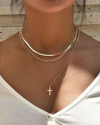 3Pcs Layered Stainless Steel Cross Pendant Necklace Set