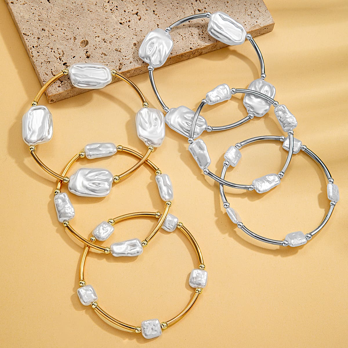 3Pcs Retro Casual Irregular Baroque Pearl Bangle Bracelets Set 6 1