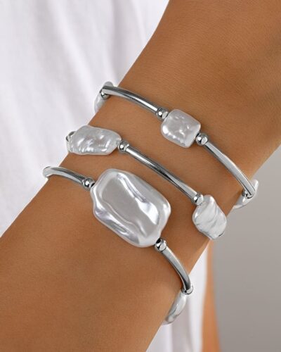 3Pcs Retro Casual Irregular Baroque Pearl Bangle Bracelets Set