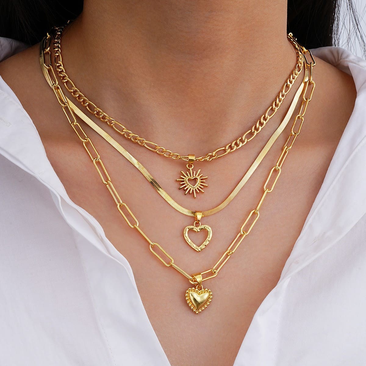 3Pcs Stackable Sun Figaro Choker Heart Layered Necklace Paperclip Chain 1 1