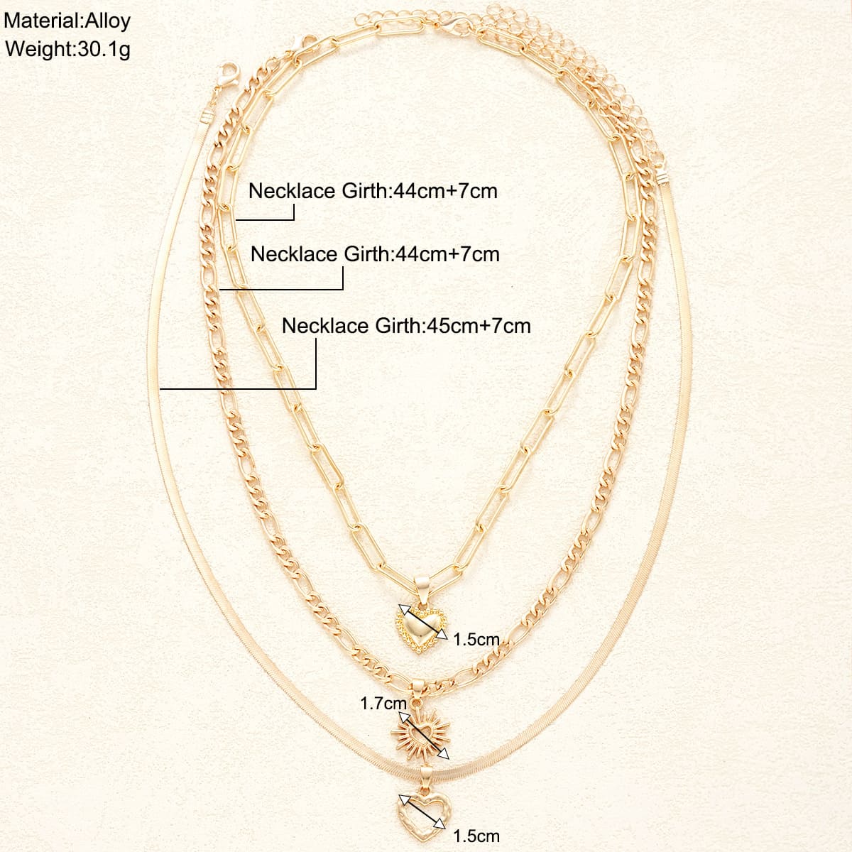 3Pcs Stackable Sun Figaro Choker Heart Layered Necklace Paperclip Chain 2 1