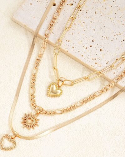 3Pcs Stackable Sun Figaro Choker Heart Layered Necklace Paperclip Chain