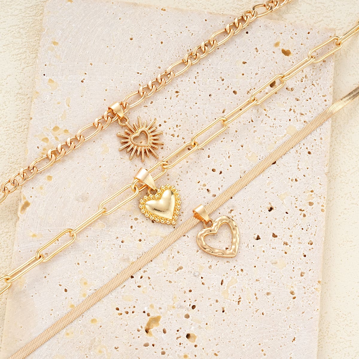 3Pcs Stackable Sun Figaro Choker Heart Layered Necklace Paperclip Chain 4 1