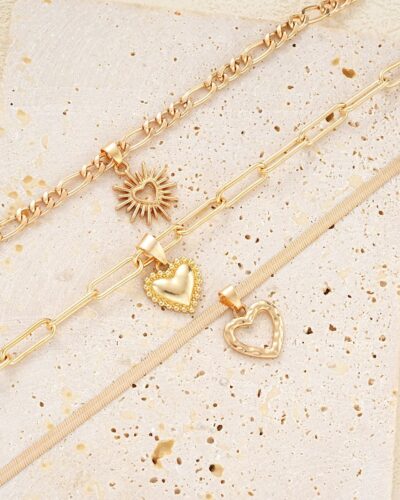 3Pcs Stackable Sun Figaro Choker Heart Layered Necklace Paperclip Chain