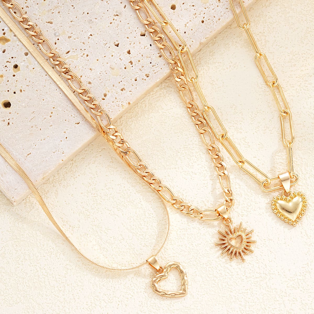 3Pcs Stackable Sun Figaro Choker Heart Layered Necklace Paperclip Chain 5 1