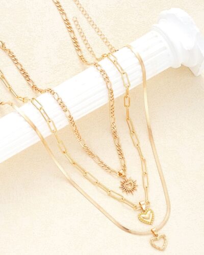 3Pcs Stackable Sun Figaro Choker Heart Layered Necklace Paperclip Chain