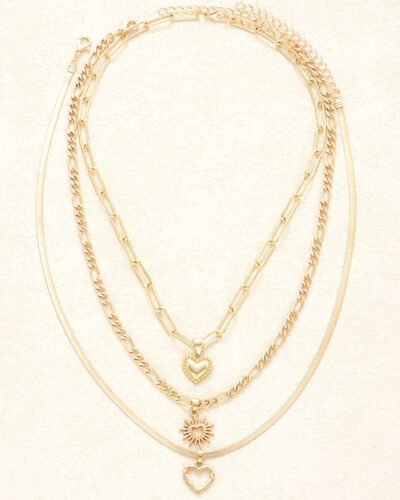 3Pcs Stackable Sun Figaro Choker Heart Layered Necklace Paperclip Chain 6