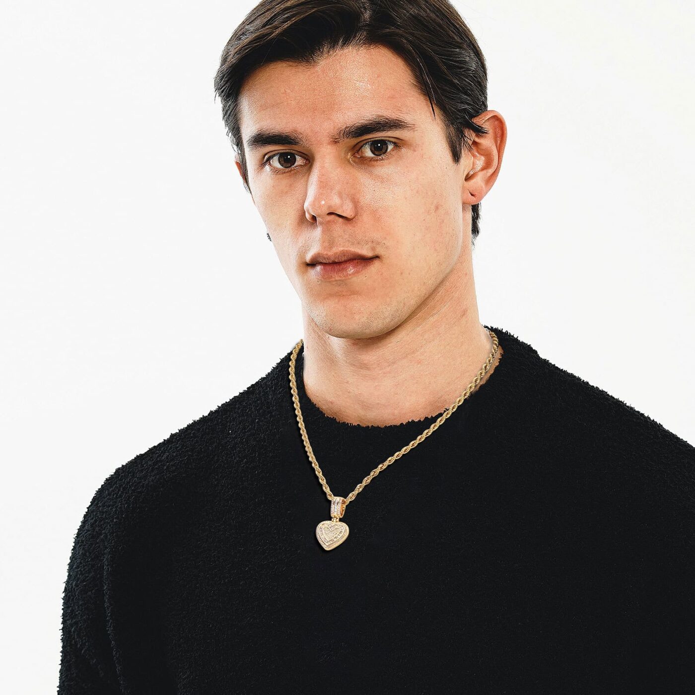 Hip-Hop CZ Pave Heart Pendant Necklace Rope Chain for Men Women