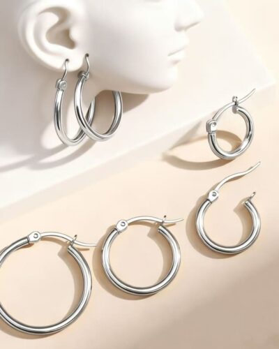 4 Pairs Round Stainless Steel Gold Hoops Daily Wear