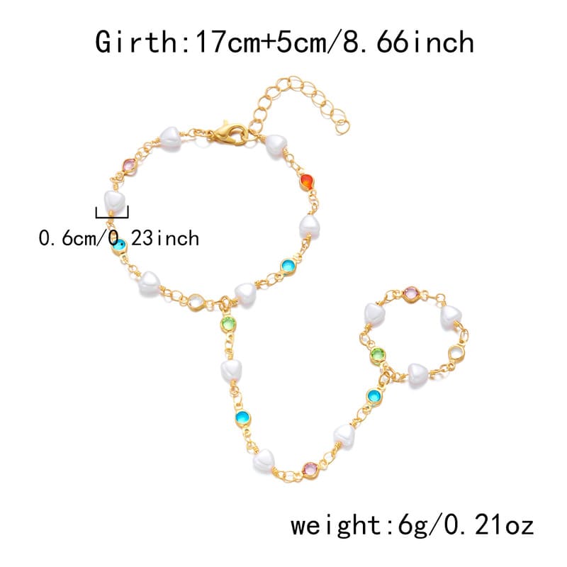 Vintage Heart Diamond Pearl Finger Ring Bracelet Gold