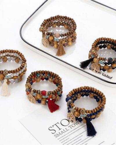4Pcs Wooden Bohemian Stackable Bracelet Set Wholesale'nin alternatif görünümü