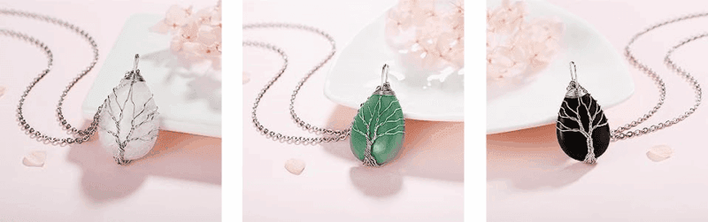Tree of Life Teardrop Healing Crystal Pendants Metal Chain