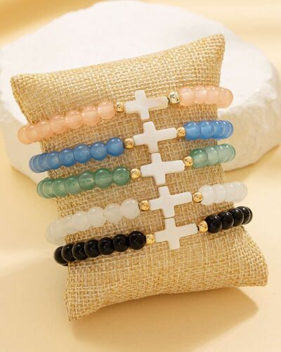 5-Piece Glass Beaded Cross Bracelet Set