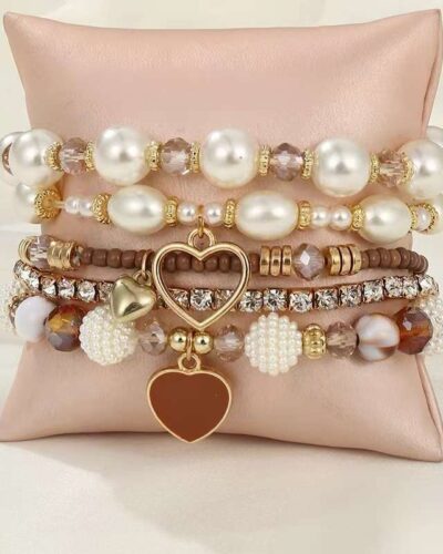 5 pieces Handmade Heart Pendant Pearl Bracelet Set