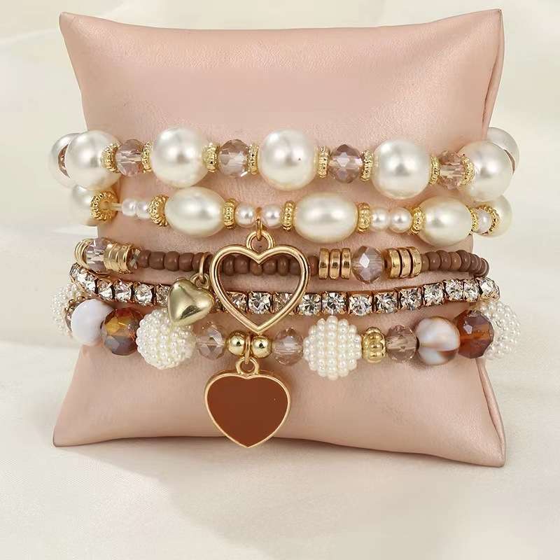 5 pieces Handmade Heart Pendant Pearl Bracelet Set