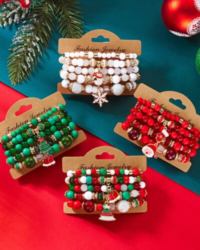 5Pcs Jingle Bell & Tree Beaded Elastic Charm Bracelets for Christmas