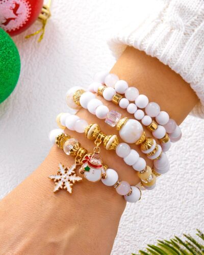5Pcs Jingle Bell & Tree Beaded Elastic Charm Bracelets for Christmas