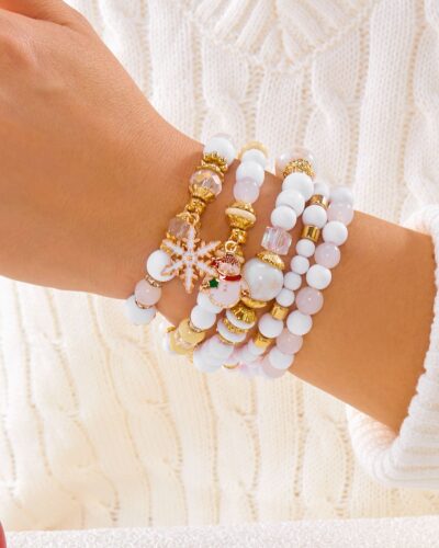 5Pcs Jingle Bell & Tree Beaded Elastic Charm Bracelets for Christmas