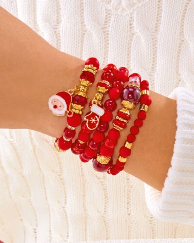 5Pcs Jingle Bell & Tree Beaded Elastic Charm Bracelets for Christmas