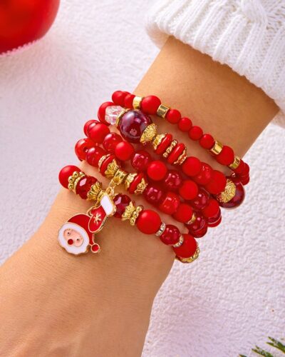 5Pcs Jingle Bell & Tree Beaded Elastic Charm Bracelets for Christmas
