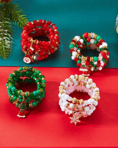 5Pcs Jingle Bell & Tree Beaded Elastic Charm Bracelets for Christmas