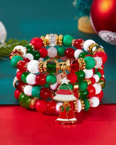 5Pcs Jingle Bell & Tree Beaded Elastic Charm Bracelets for Christmas